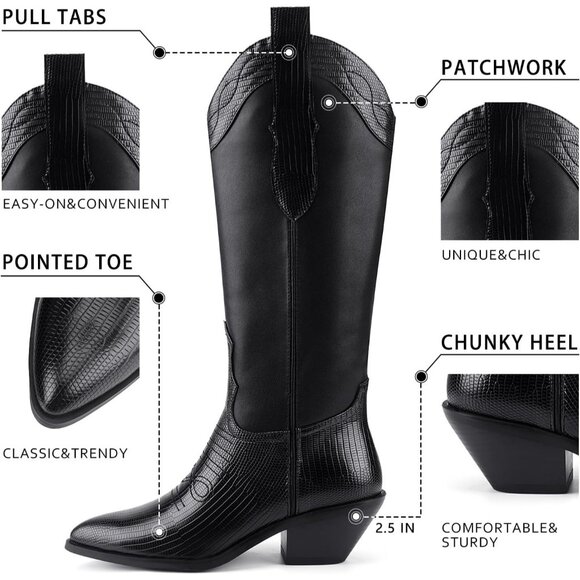 Women's Black Knee High Cowgirl Boots Pointed Toe Chunky Block Heel Fashion - Picture 4 of 8